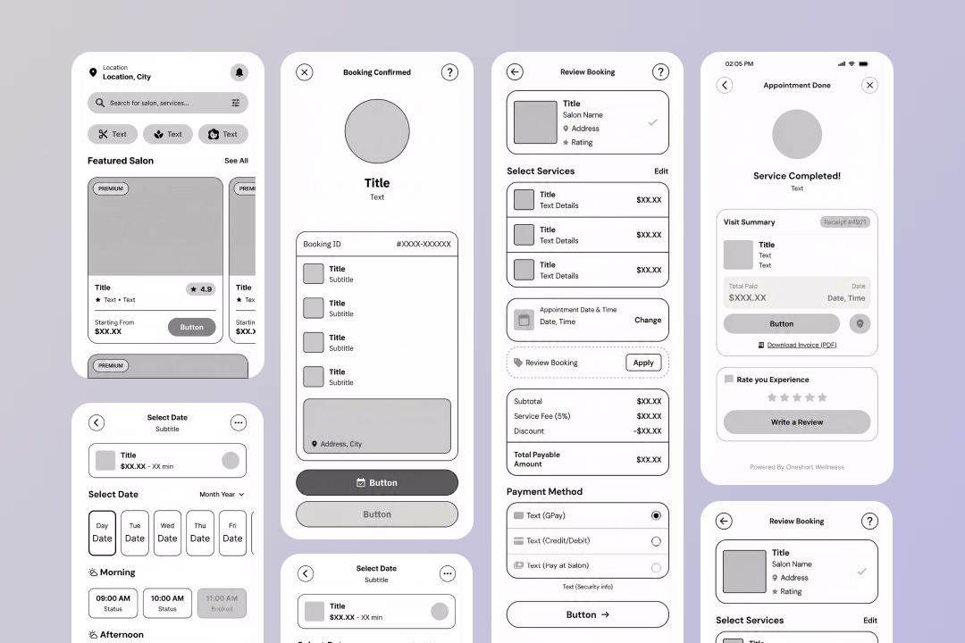 Oneshort Wireframes — Home Screen and Booking Flow Low-Fidelity Layouts
