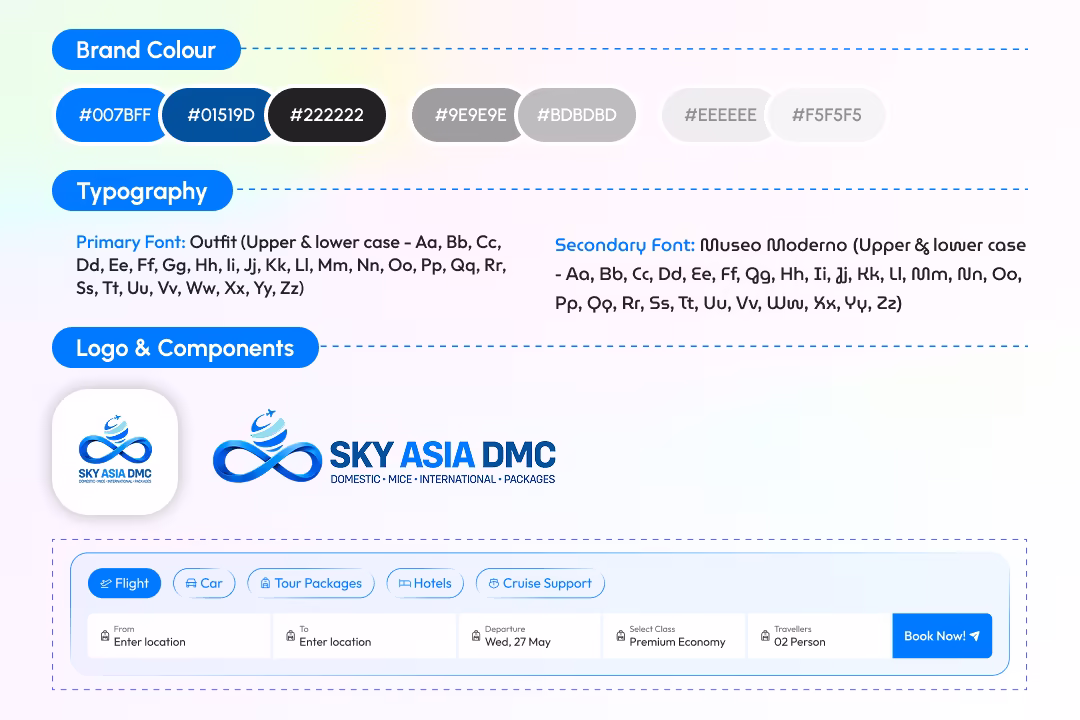 Sky Asia DMC Style Guide — Brand colour palette, typography system, and UI component library
