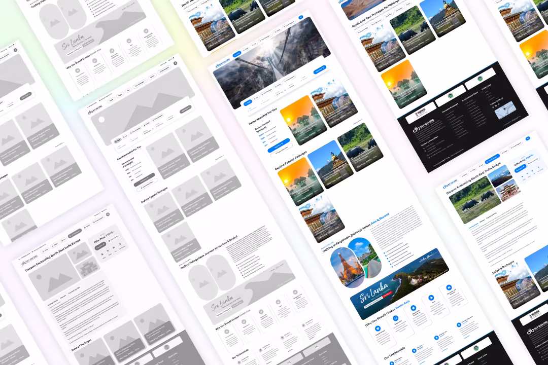 Sky Asia DMC Wireframes — Low-fidelity layout structure for homepage, package grid, and footer sections