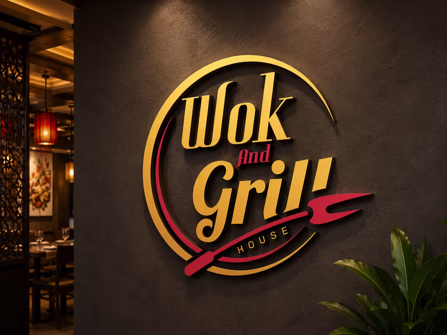 Wok And Grill House Primary Logo on Black Background — Full Circular Emblem