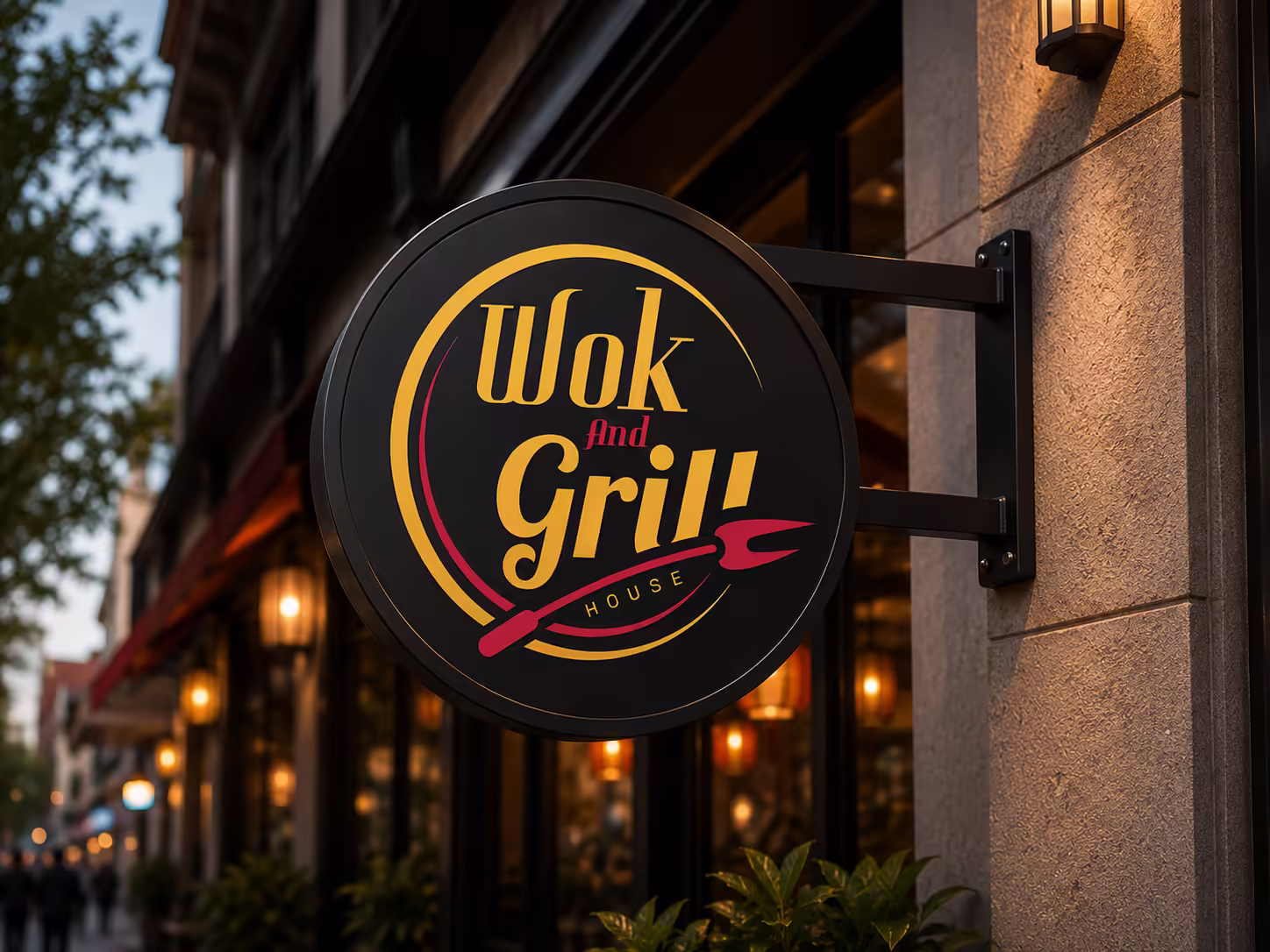 Wok And Grill House Logo Applied to Restaurant Branding Mockup